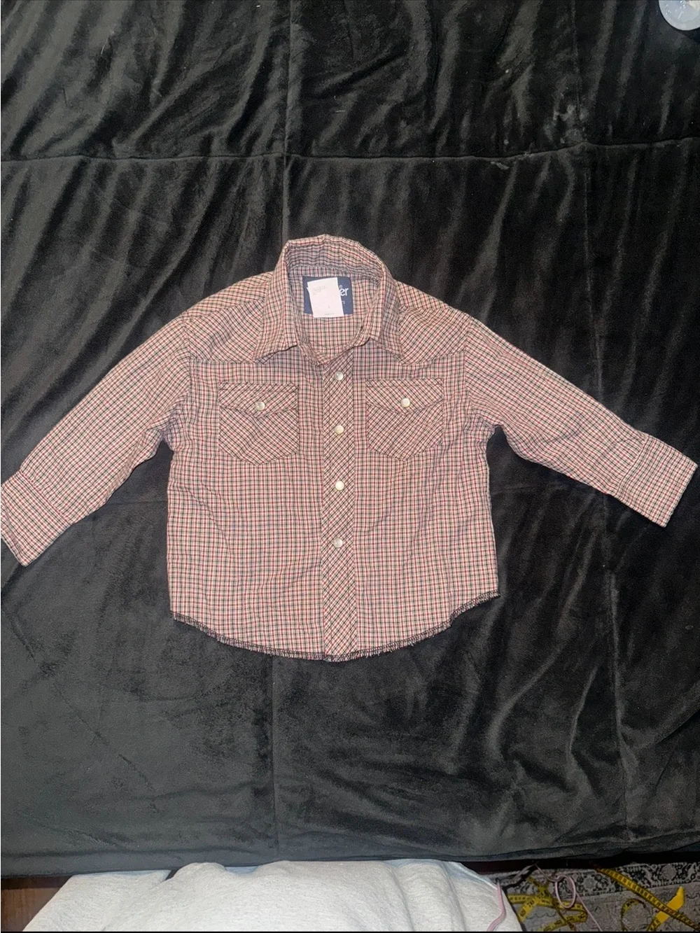 Wrangler Boys XXS 0-2 Western Plaid Pearl Snap Shirt Red Black Cowboy